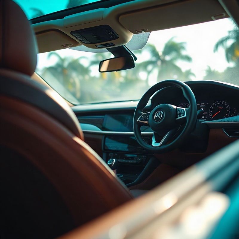 Interior de carro de luxo com bancos de couro marrom e painel digital iluminado