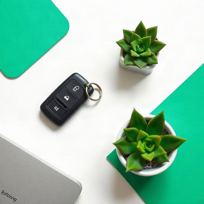 Chave de carro e planta suculenta em uma mesa branca com formas geométricas verdes