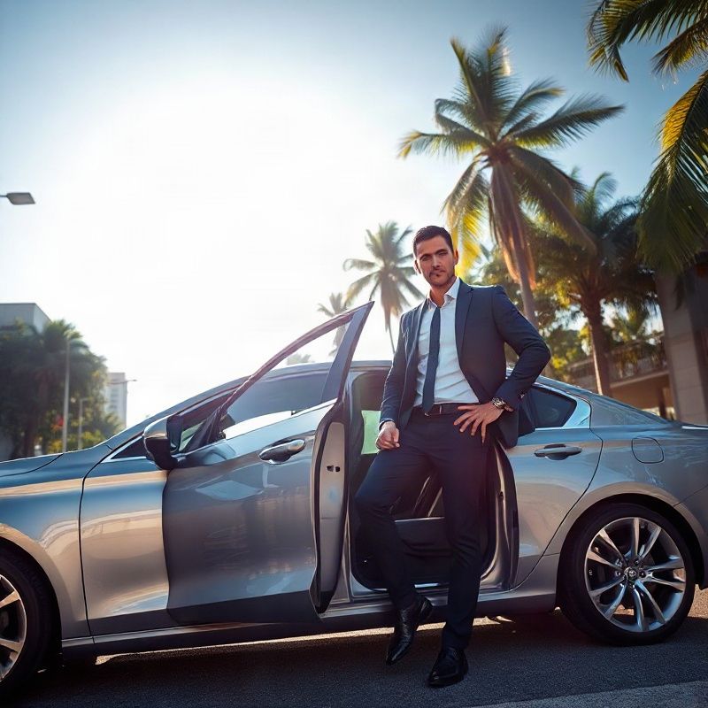 Profissional de terno saindo de um sedan prateado em uma avenida da Barra da Tijuca